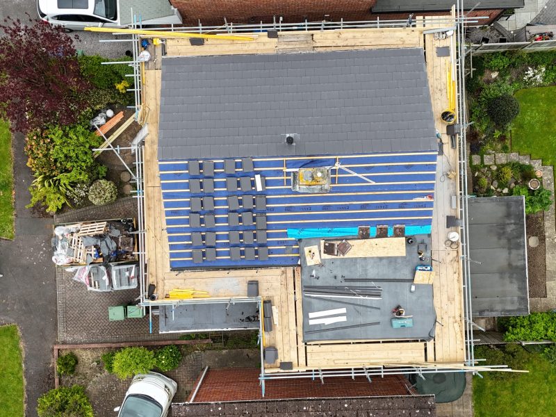 A roofing process photo from a drone inspection